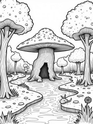 Enchanted Forest Clearing with Giant Mushrooms and Colorful Flowers