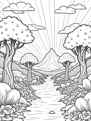 Serene Garden with Spiral Trees and Shimmering River