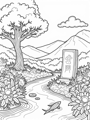 Tranquil Garden with Ancient Tree and Flowing River