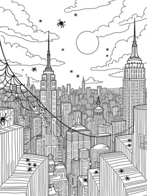 Twilight Cityscape with Spider Web and Comic Panels