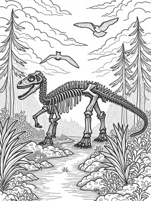 Prehistoric Jungle with Dinosaur Skeleton and Colorful Eggs
