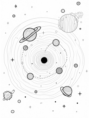 Swirling Galaxy with Geometric Planets and a Comet