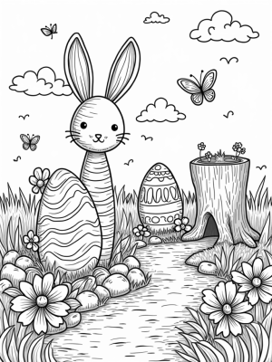 Whimsical Garden with Giant Eggs and a Carrot