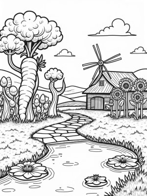 Giant Vegetables in a Whimsical Farm Landscape