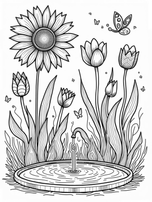 Giant Sunflower and Twisting Tulips in a Whimsical Garden