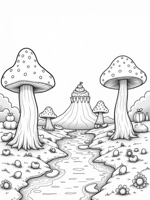 Food Forest with Towering Mushrooms and a Caramel River