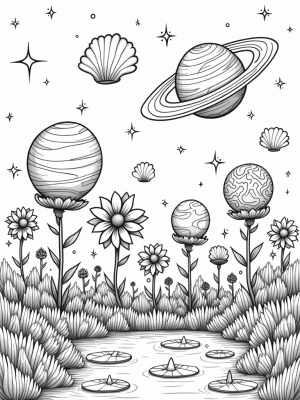 Cosmic Garden with Glowing Planets and Comets