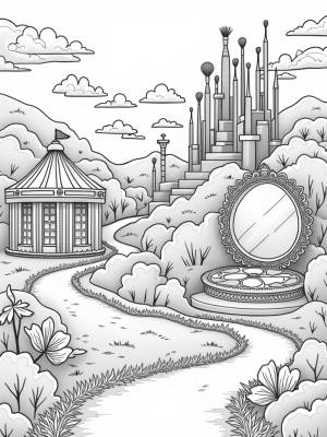 Dreamy Landscape with High-Heeled Shoe Trees and a Sparkling Castle