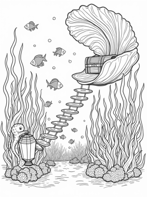 Underwater Garden with Giant Seashell and Playful Octopus