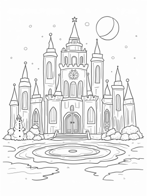 Frozen Ice Palace with Snowmen and Snowflakes