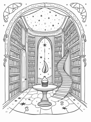 Mystical Library with Floating Quill and Crystal Ball