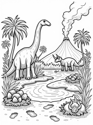 Prehistoric Garden with Dinosaurs and Colorful Eggs