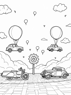 Floating Vintage Cars with Balloons and Rainbow Road