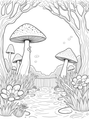 Enchanted Forest with Colossal Mushrooms and Mythical Flowers
