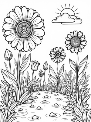 Geometric Flower Garden with Spiral Daisy and Sunflowers