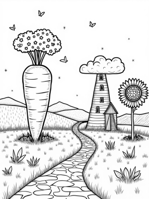 Giant Carrot and Farm Landscape with Butterflies