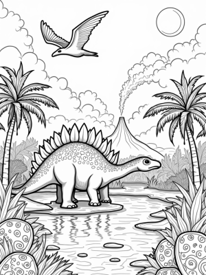Stegosaurus by the Serene Pond in a Prehistoric Jungle