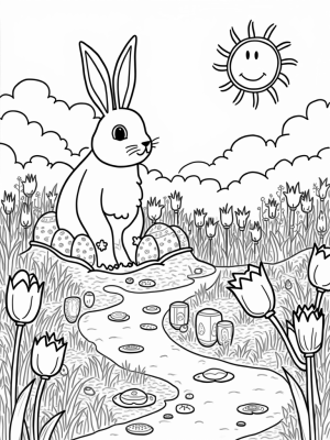 Giant Bunny in a Garden of Decorated Eggs