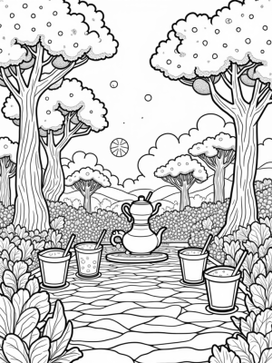 Boba Tea Garden with Colorful Pearls and Giant Fruits