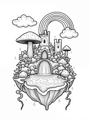 Floating Island with Waterfall and Fireflies