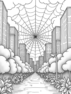Cityscape with Giant Spider Webs and Whimsical Streetlights
