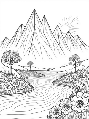Majestic Mountain Range with Flowing River and Blooming Flowers