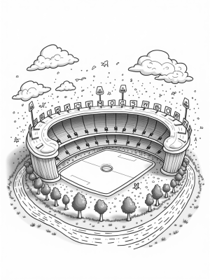 Giant Soccer Ball Stadium with Whimsical Sports Sculptures