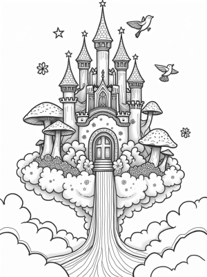 Floating Castle with Starry Waterfall and Giant Mushrooms