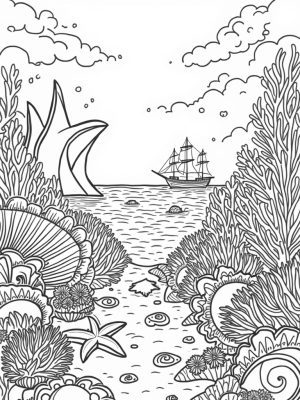 Underwater Garden with Shark Fins and Bioluminescent Creatures