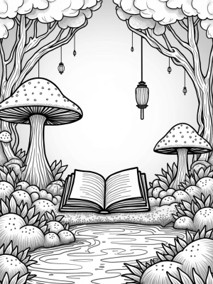 Glowing Mushroom Forest with Ancient Book