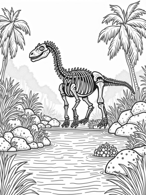 Prehistoric Jungle with Dinosaur Skeleton and Colorful Eggs