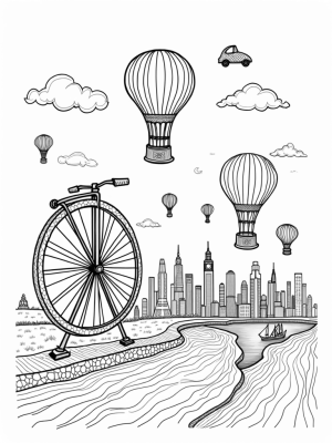 Vintage Car Hot Air Balloons Over a Whimsical Cityscape