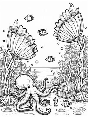 Underwater Garden with Giant Seashells and Colorful Fish