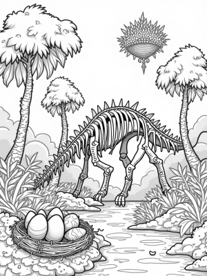 Prehistoric Jungle with Dinosaur Skeleton and Floating Island