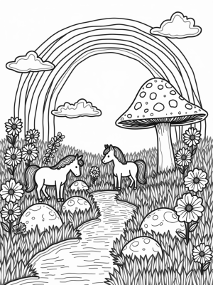 Colorful Ponies in a Flower-Filled Meadow