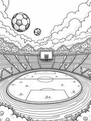 Giant Sports Arena with Inflatable Soccer Balls and Colossal Basketball Hoop