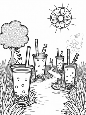 Boba Tea Garden with Oversized Cups and Whimsical Straws