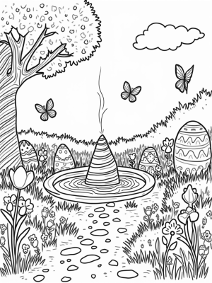 Giant Carrot Fountain and Colorful Eggs in a Garden