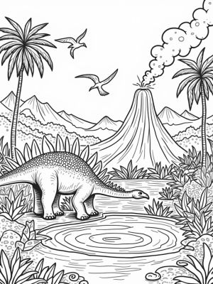 Stegosaurus by the Hot Spring in a Prehistoric Jungle