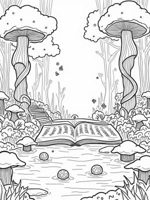 Magical Forest Glade with Giant Mushrooms and Crystal Orbs