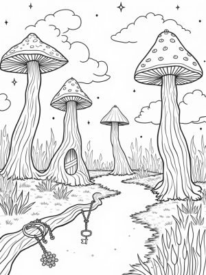 Magical Forest with Spiraled Mushrooms and Crystal Flowers