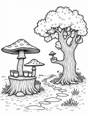 Mushroom Wonderland with a Tree Stump Table