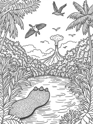 Dinosaur Footprint Pond in a Prehistoric Jungle