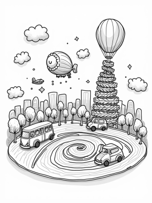 Balloon Vehicles in a Colorful Cityscape