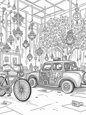 Vehicle Workshop with Giant Bicycle and Transparent Car