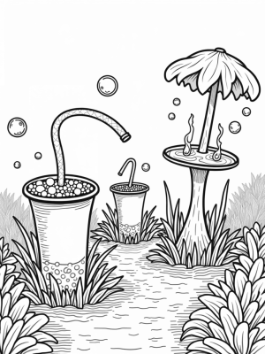 Boba Tea Garden with Oversized Cups and Tapioca Pathway