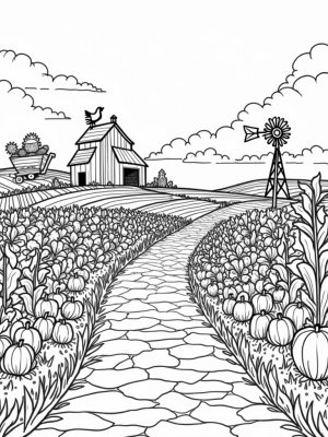Patchwork Field with Sunflowers, Pumpkins, and a Whimsical Barn
