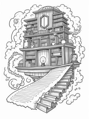 Floating Library with Potion Recipes and Enchanted Quills