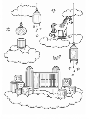 Dreamy Nursery on Clouds with Baby Bottles and a Rocking Horse