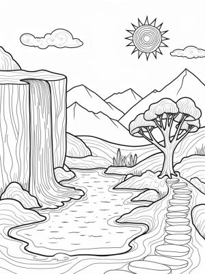 Cascading Waterfall with Floating Islands and Giant Tree